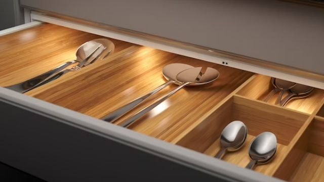 LED lighting inside a small kitchen drawer